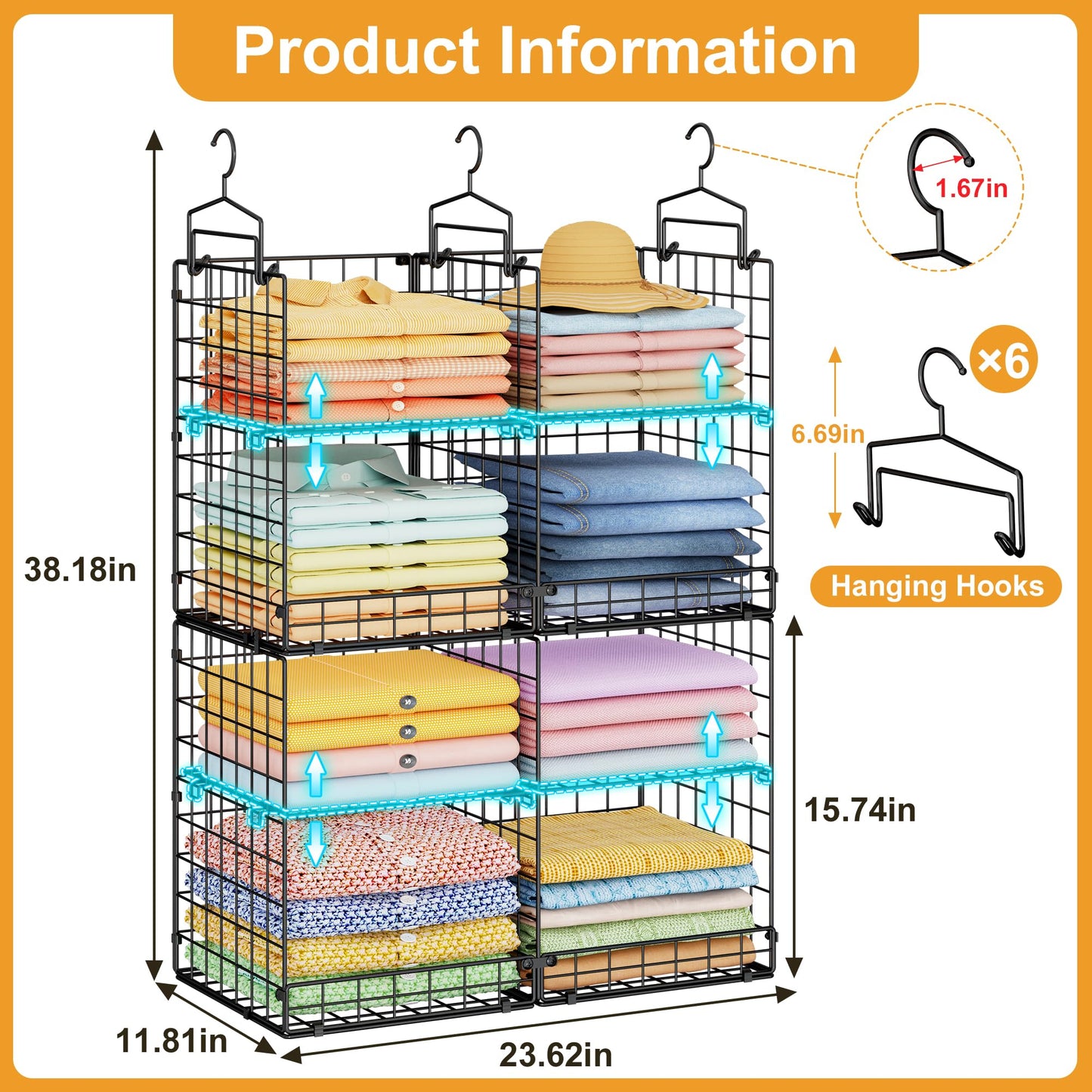 Hanging Closet Organizer with DIY Spacing, Double-Row Closet Hanging Shelves with 4 Adjustable Dividers & 6 Hooks, Heavy Duty Metal Closet Storage Organizer with Front Guard, Split into 2 Units