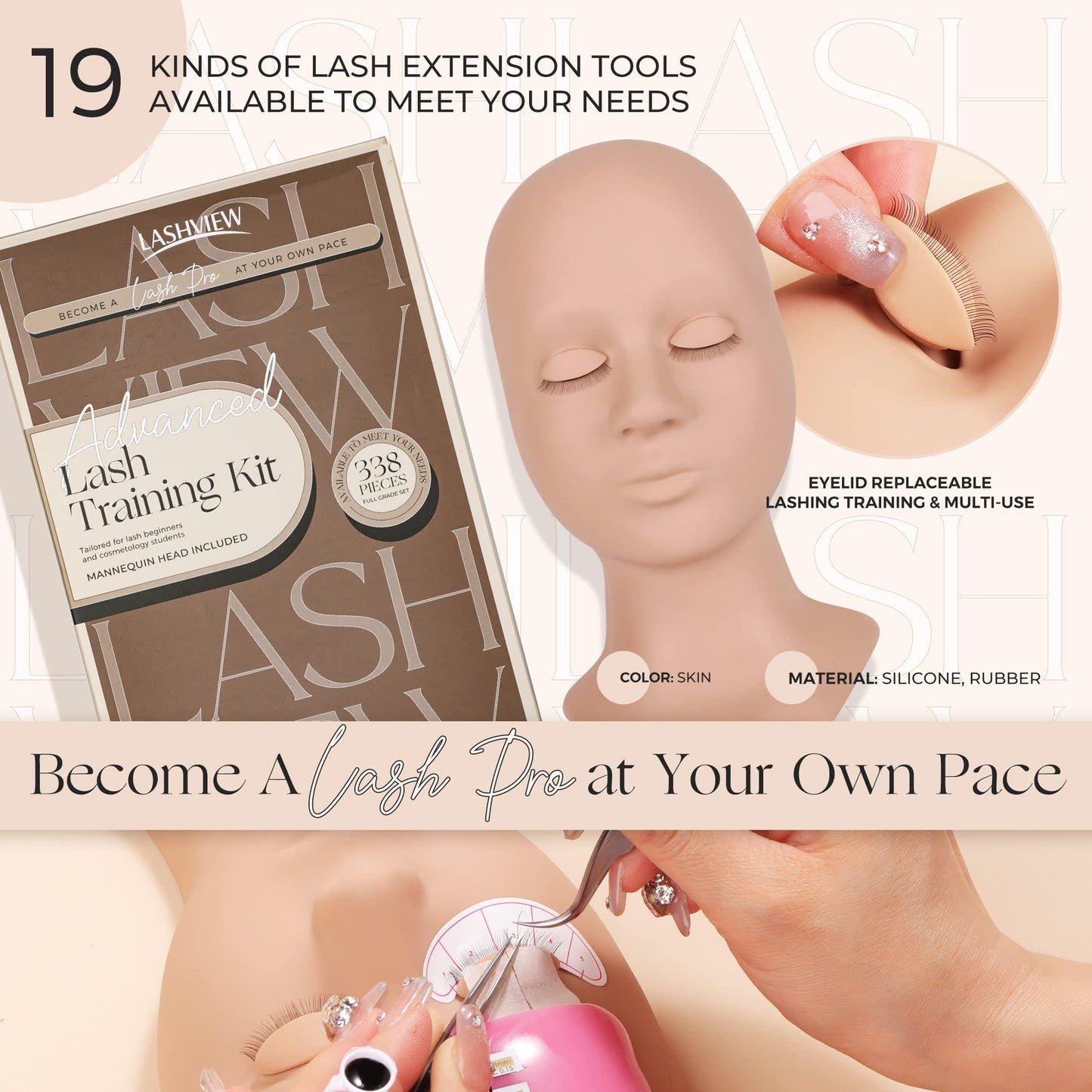 LASHVIEW Lash Kit for Beginners 338pcs Lash Extension Kit Professional Mannequin Head With 7 Pairs Replaced Eyelids Silicone Training Set Include Mini Fan Dryer Makeup Natural Skin Color