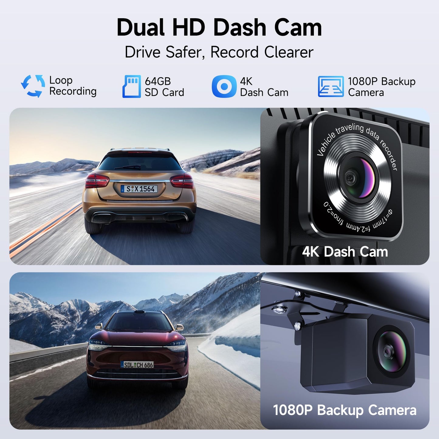 Wireless CarPlay Screen for Car, 9" Portable CarPlay & Android Auto Car Stereo Touchscreen, with 4K Dash Cam 1080P Rear Camera, Bluetooth, GPS Navigation, FM, Siri, Mirror Link