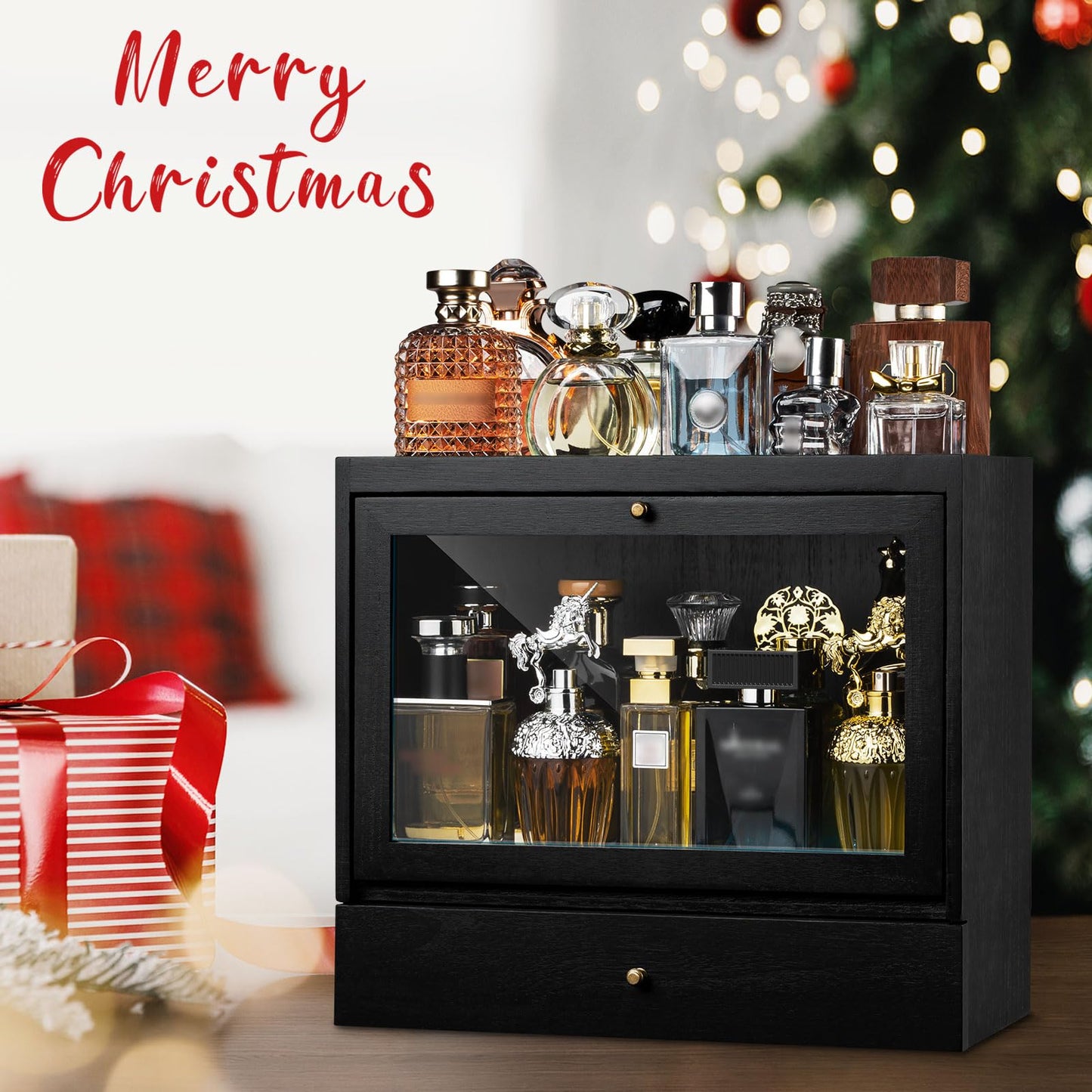 Emfogo Cologne Organizer for Men, Solid Wood Perfumes Organizer for Men Dresser, Large Capacity Dustproof Cologne Holder with Drawer Storage Perfume Stand Organizer, Ideal Gift for Loved ones