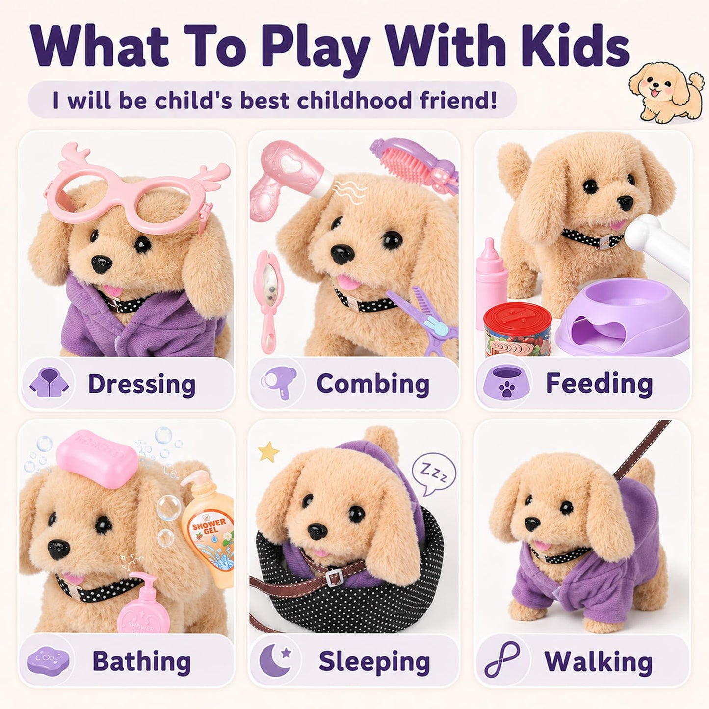 17 Pcs Robot Dog Toys for Girls 3 4 5 6 Year Old, Mini Interactive Realistic Walking Barking Robot Puppy Toys, Pet Care Pretend Play Set with Van Carrier & Grooming Set, Birthday Gifts for Girls 3-8