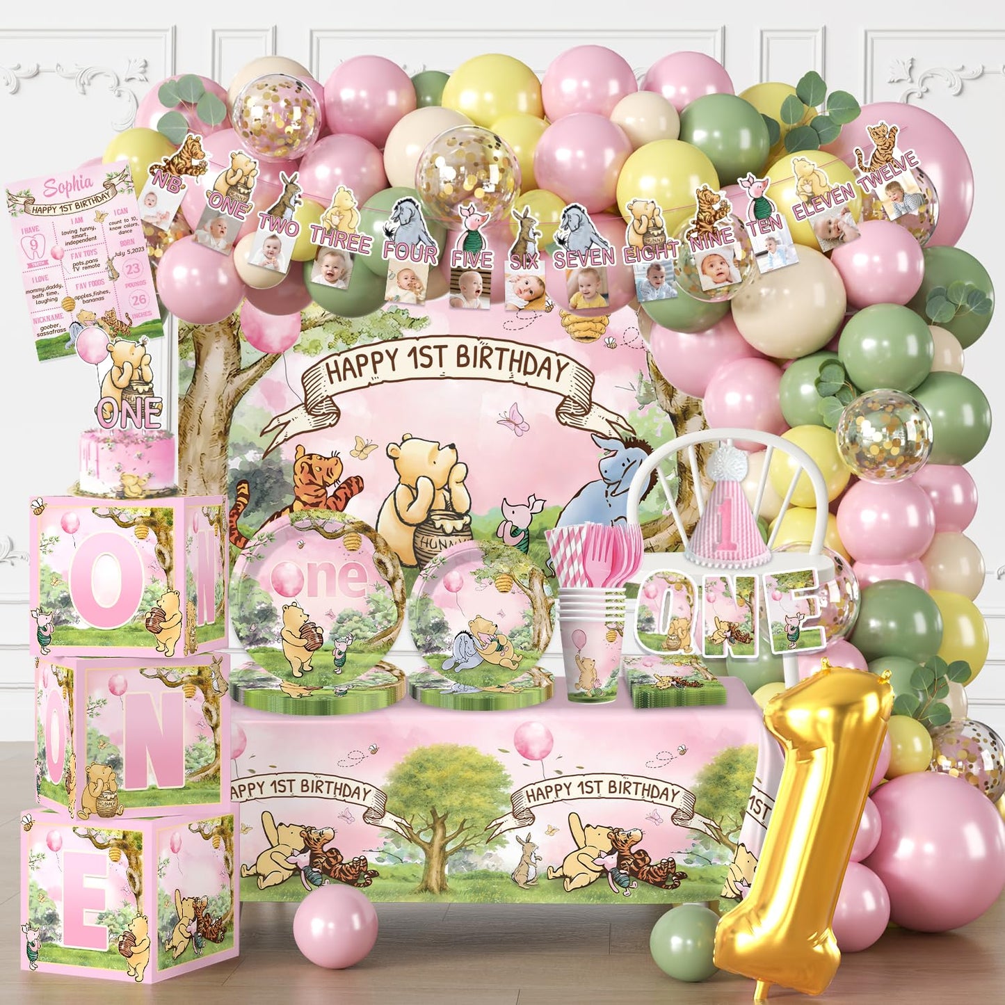 Fexivo 273 PCS Bear 1st Birthday Decorations, All-in-One Baby Girl 1st Birthday Decorations Set with Plates, Napkins, Serves 25, 2 Tablecloths, Balloon Arch, Backdrop & Banner, Pink