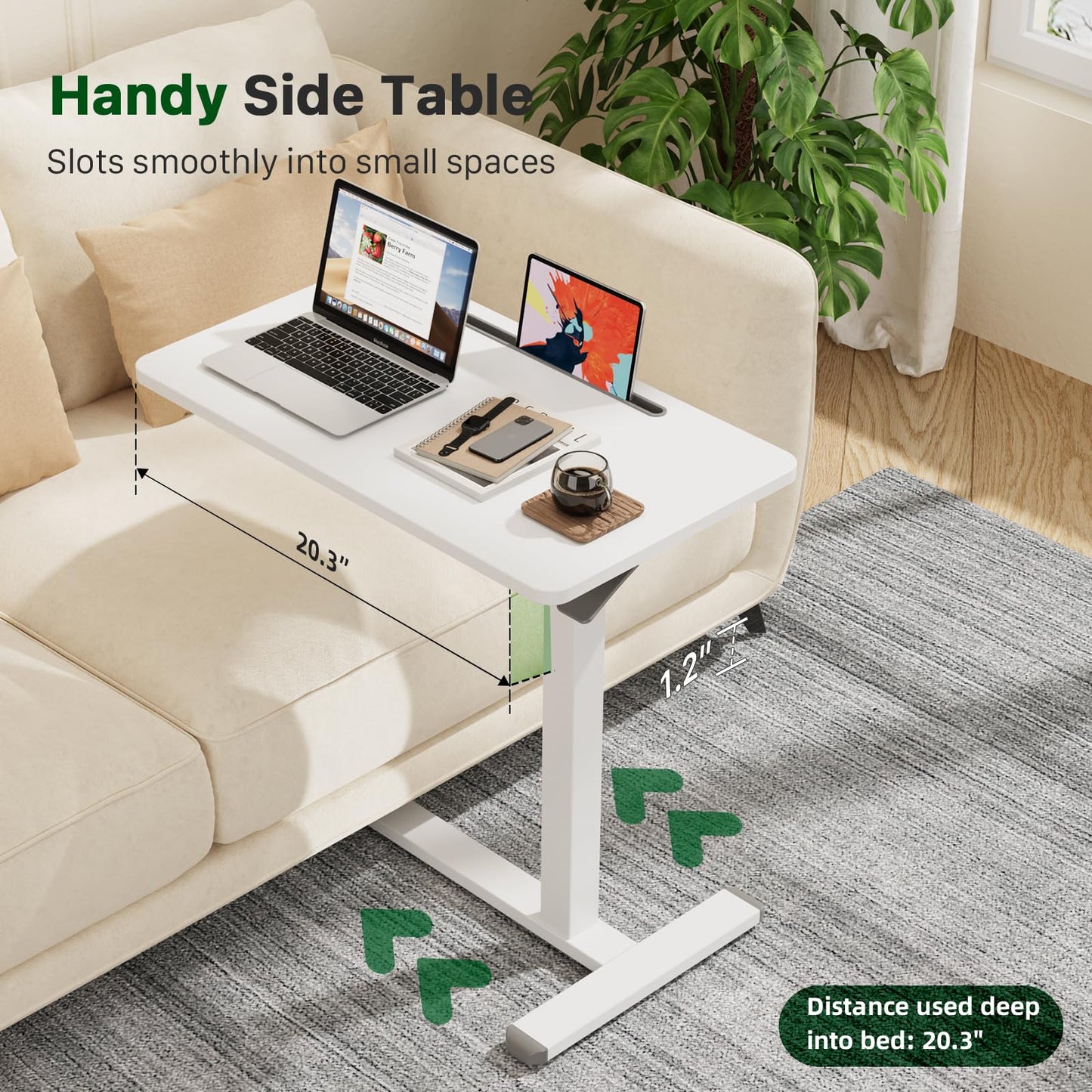 Gibbon Mounts Mobile Standing Desk, Pneumatic Adjustable Rolling Desk(27.5 Inches), Portable Laptop Desk with Wheels, Overbed Bedside Table Laptop Table for Couch, Home, Office, White