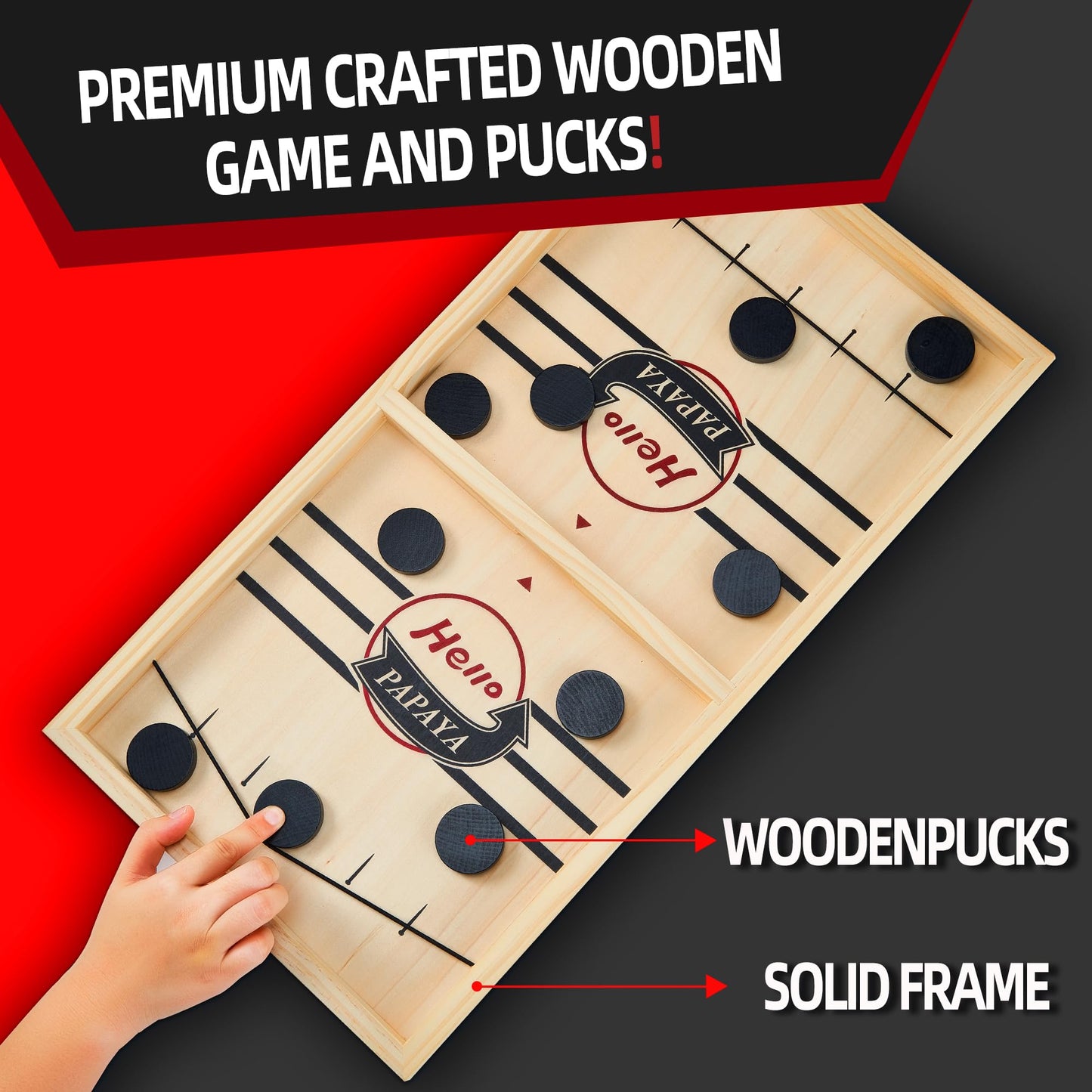 HELLO PAPAYA Foldable Fast Sling Puck Game with Chess Board and Checkers Board, Tic Tac Toe. Wooden Air Hockey Family Night,Table Games Gifts for Adults and Kids