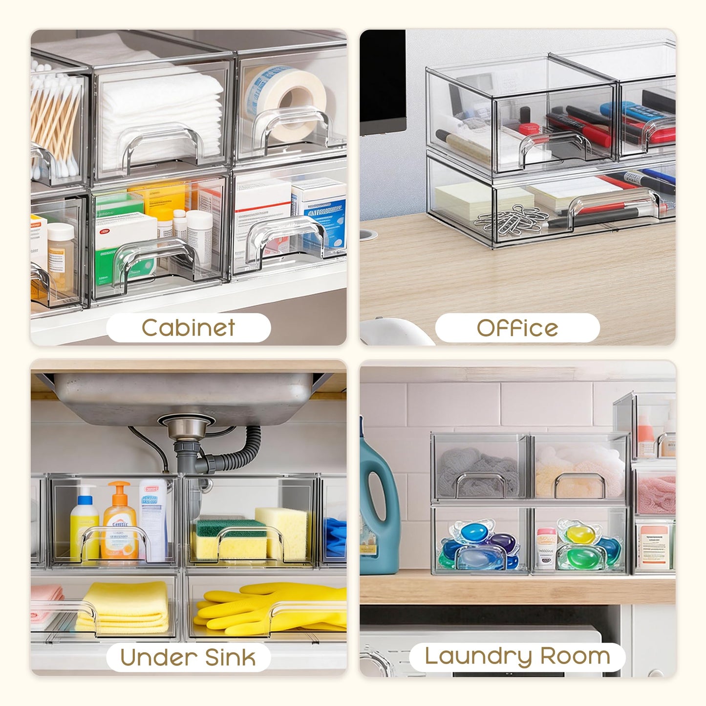 Criusia Stackable Storage Drawers, 4 Pack Clear Plastic Makeup & Bathroom Organizer, Versatile Storage Bins for Vanity, Under Sink, Kitchen Cabinets & Pantry