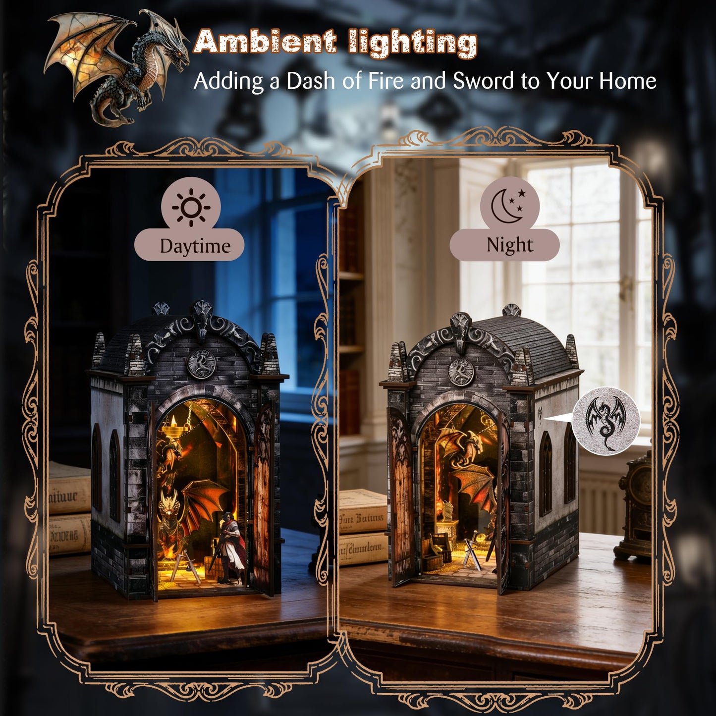 Soothee DIY Book Nook Kit with LED Lights - 3D Puzzles for Adults & Teens, Miniatures for Bookshelf Decor, Relaxing Craft & Unique Gift for Craft Lovers (Dragon's Den)