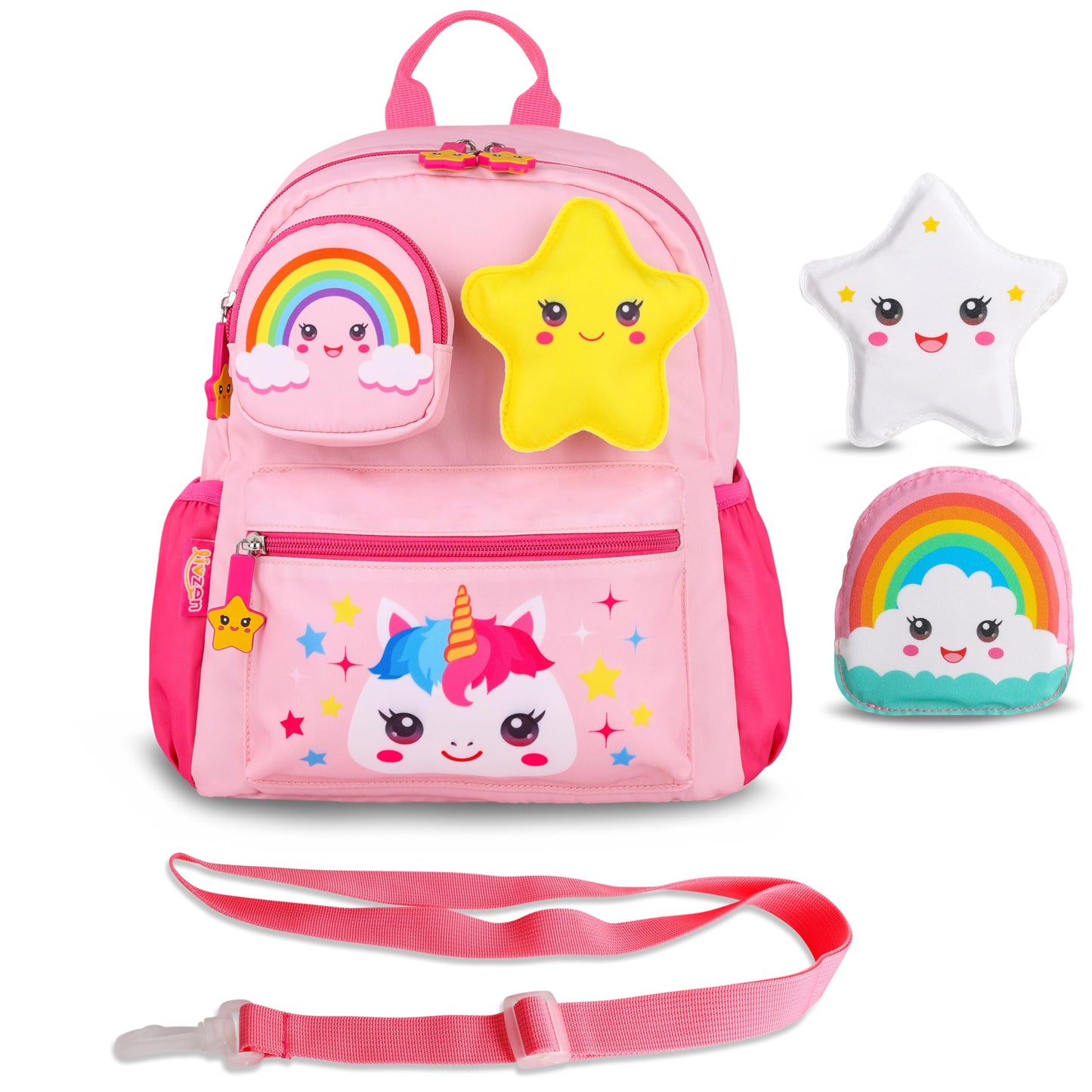 Livzen Pink Unicorn Rainbow Toddler Backpack, 12-inch, for girls aged 2-4. Features detachable 3D pouches,stickers and safety leash, for kindergarten and preschool, Perfect Christmas or birthday