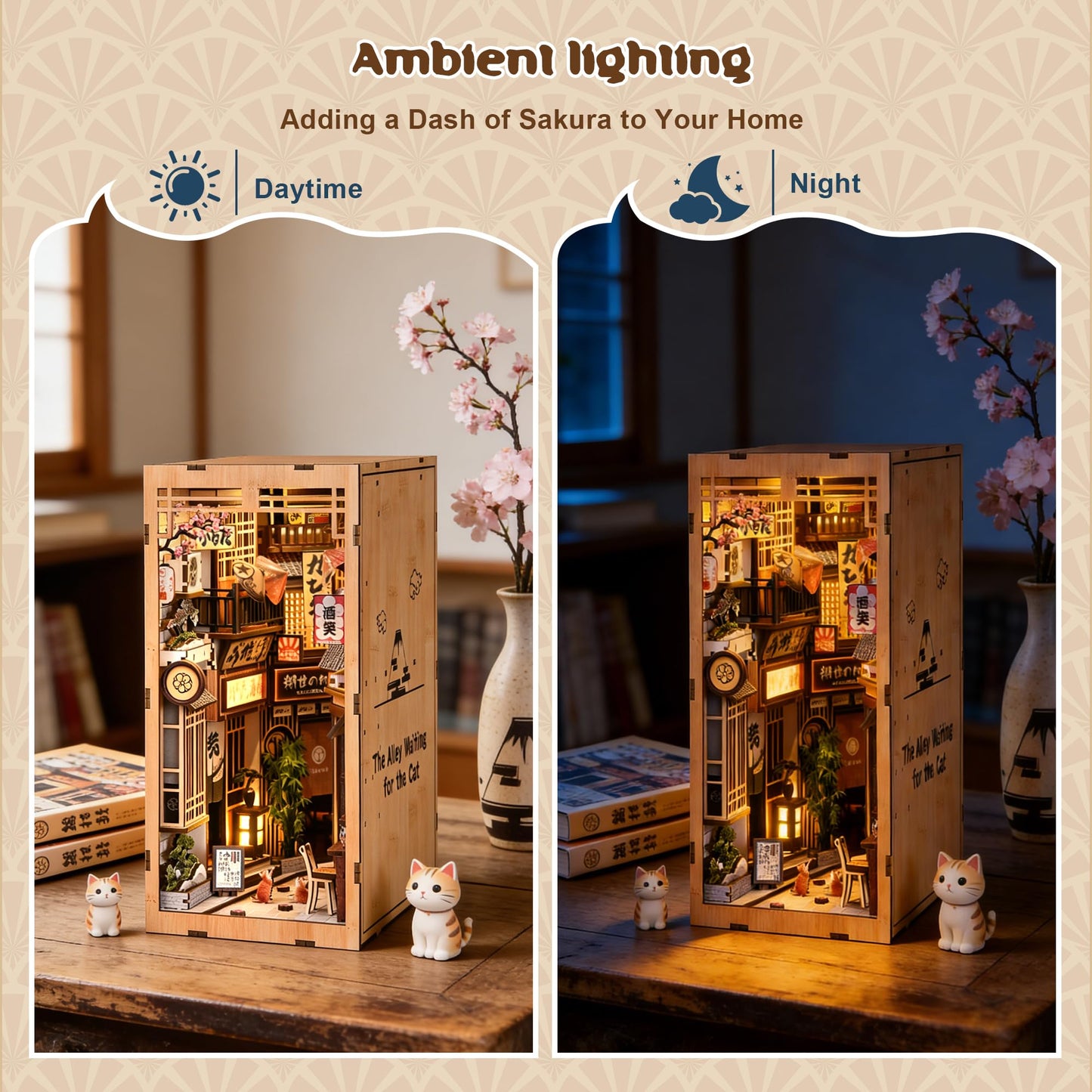 Soothee DIY Book Nook Kit, Japanese Alley Waiting for the Cat Theme, Wood Miniature Model with LED Lights, 3D Puzzle for Adults