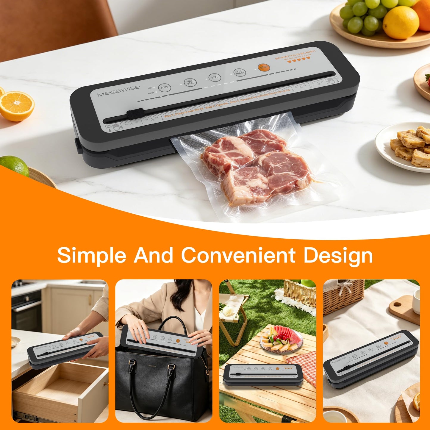 MEGAWISE 2025 Powerful Vacuum Sealer Machine | Compact Design | One-Touch Automatic | Seal in 10-20 Seconds | Dry, Moist, Wet, and Cold Modes | With 10 Vacuum Bags & Built-in Cutter