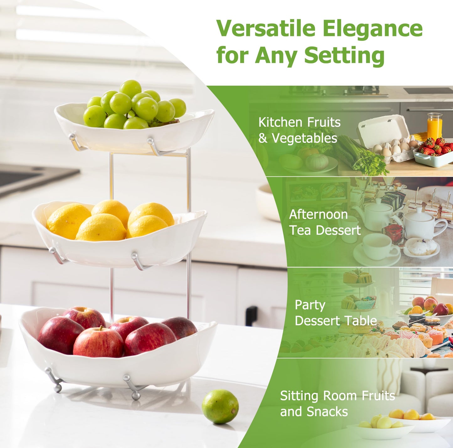 HBlife Fruit Bowl for Kitchen Counter - 3 Tier Ceramic Fruit Bowl with Metal Stand, Tiered Fruit Basket for Kitchen, Snack, Dessert Tray Plate Rack for Party