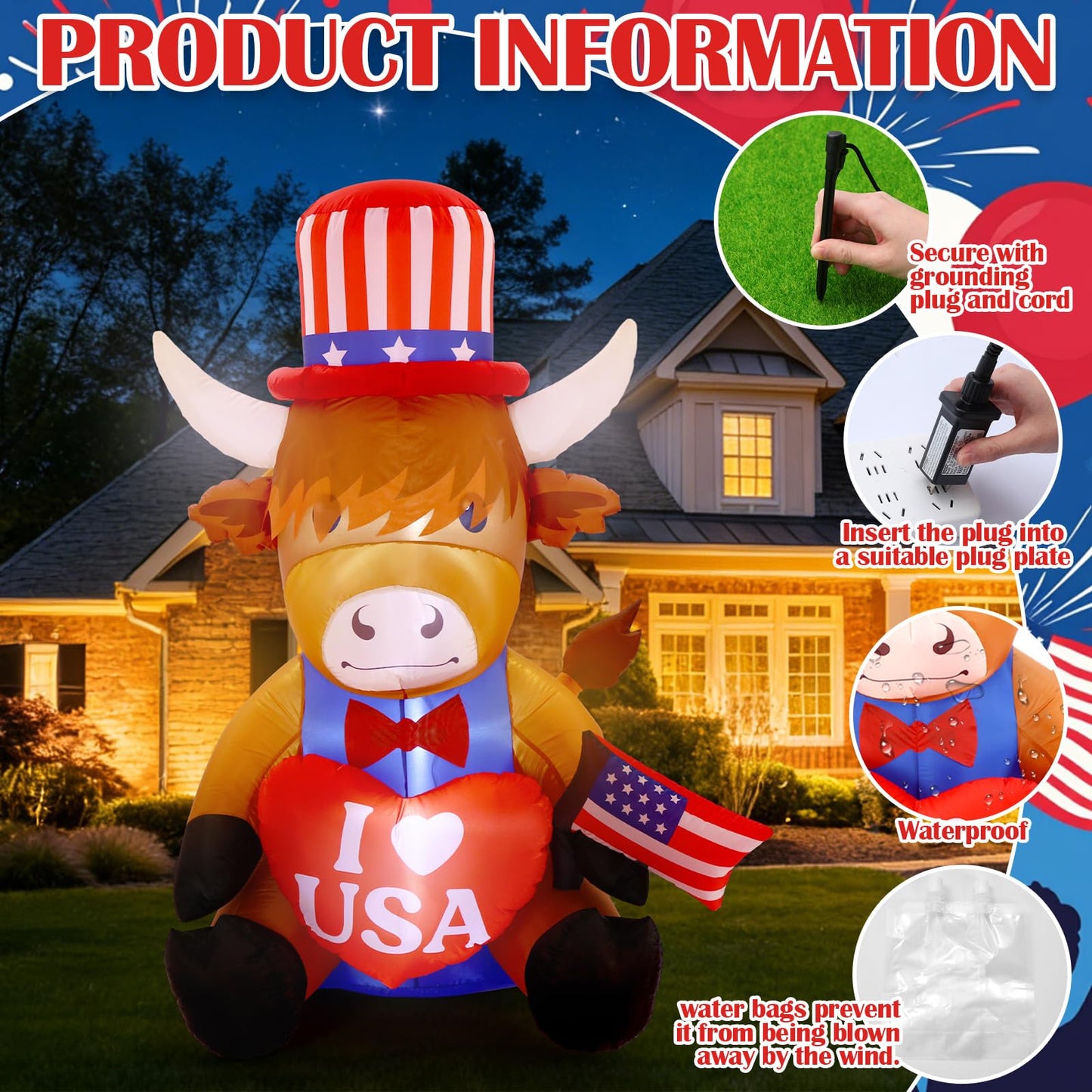 Sosation 5ft USA Patriotic Inflatable Highland Cow 250th Anniversary with LED Lights Memorial Day Red White Blue Blow up Lighted Yard Decor for 4th of July Holiday Indoor Outdoor Lawn Garden Party