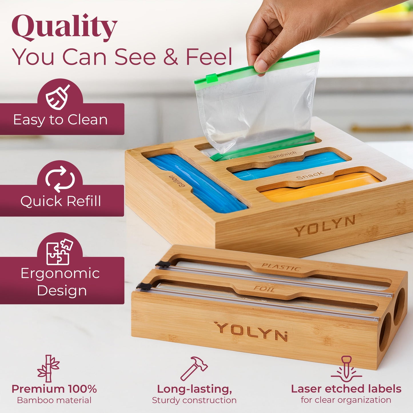 YOLYN Bamboo Food Storage Bag Organizer for Drawer with Foil & Plastic Wrap Dispenser – 4 in 1 Premium Kitchen Drawer Organizer for Gallon, Quart & Sandwich Bags