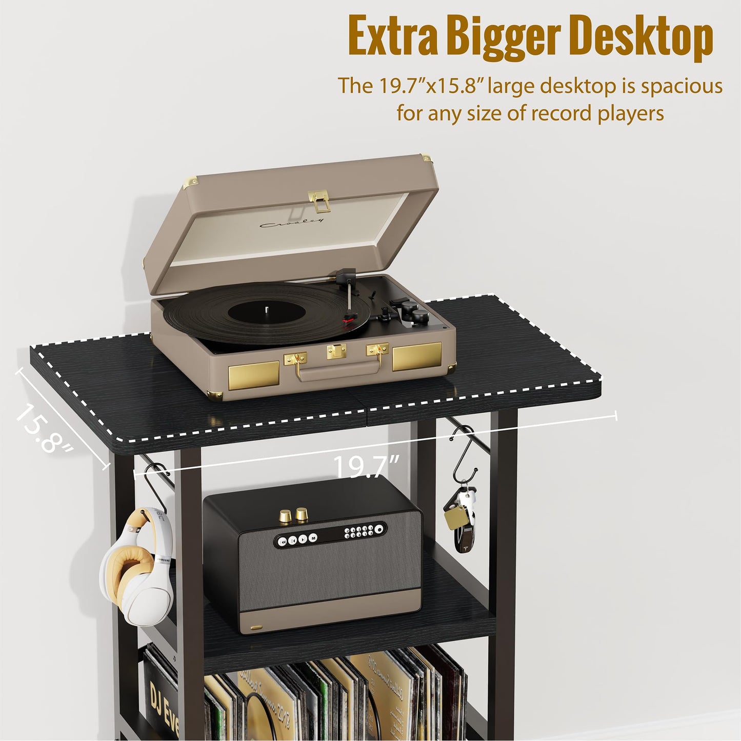 YAKANJ Record Player Stand with Extended Desktop,Large Record Player Table with Vinyl Storage,Turntable Stand with Record Holder Vinyls Display Shelf for Music Room Studio,Modern Black