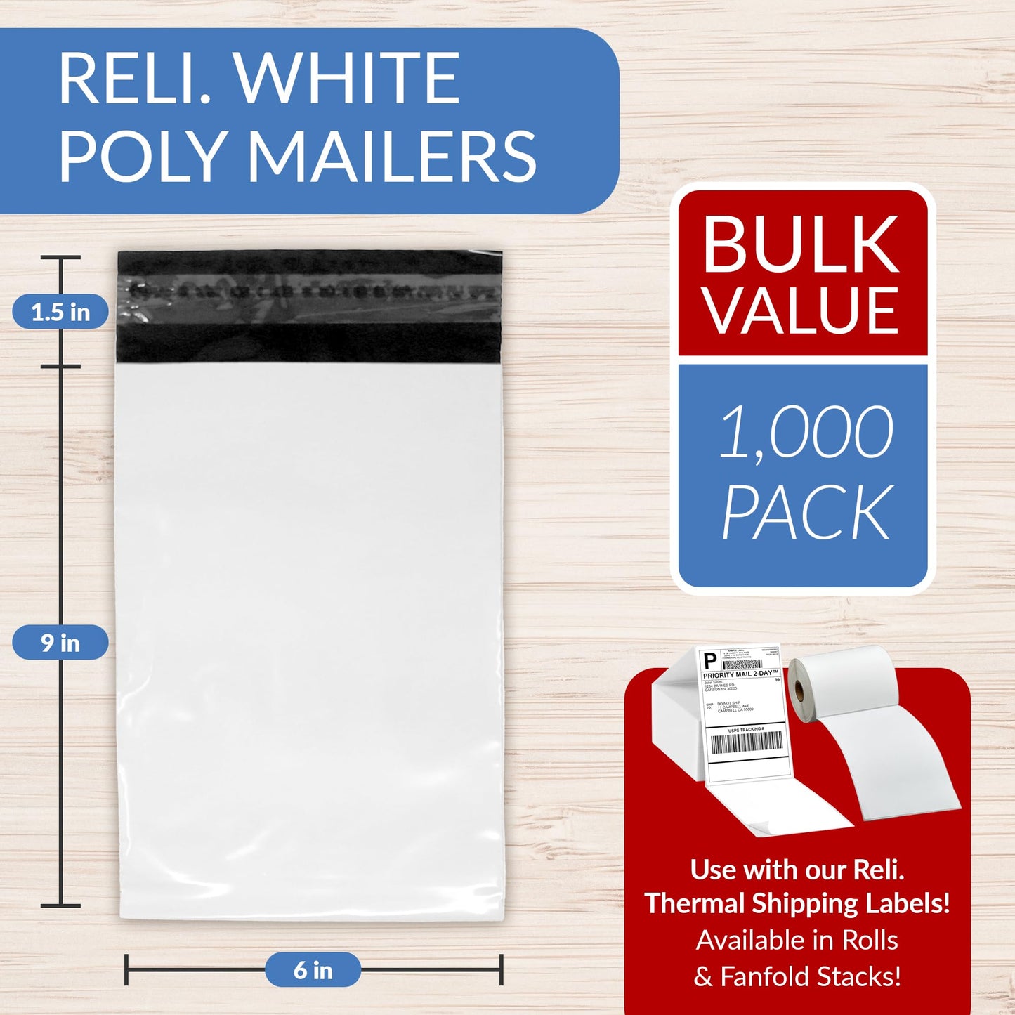Reli. Poly Mailers 6x9 | 1000 Pcs Bulk | Small Mailing Envelopes/Shipping Bags | White Packaging Bags for Shipping | Non-Padded Poly Mailers | Self Sealing for Small Items, Bulk (White)