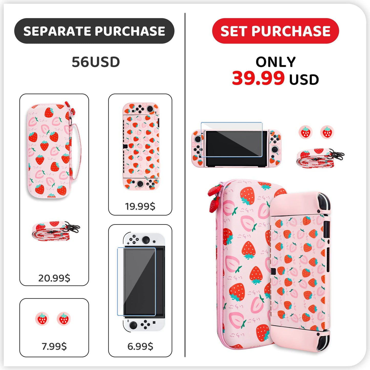 RHOTALL Strawberry Theme Carrying Case Set for Nintendo Switch OLED, Cute Accessories Bundle for Switch OLED with TPU Protective Shell, Adjustable Shoulder Strap, Screen Protector and 2 Thumb Caps