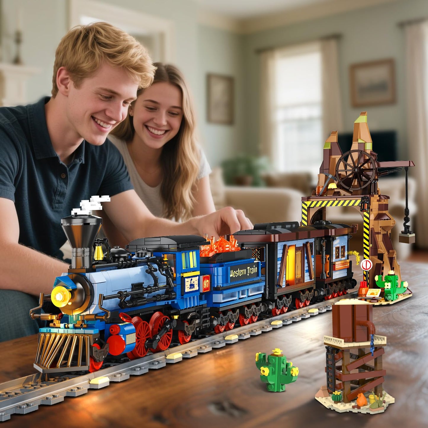 INSOON Western Train Building Set with Lights, 1912 PCS West Trains Static Display Model Toy with Tracks Windmill Water Tower, Home Office Decor Building Blocks for Adults Teens Big Boys Girls 12+
