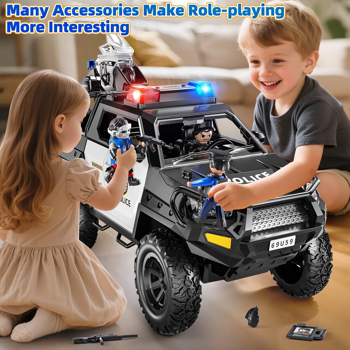 MSKOLER Police Car Toys for Boys 3-5, Play Vehicles for Boys Girls Ages 3-12 with Light and Sound, Role Playing Police Truck Toys, Toddler Truck Gifts for Kids Ages 4-8