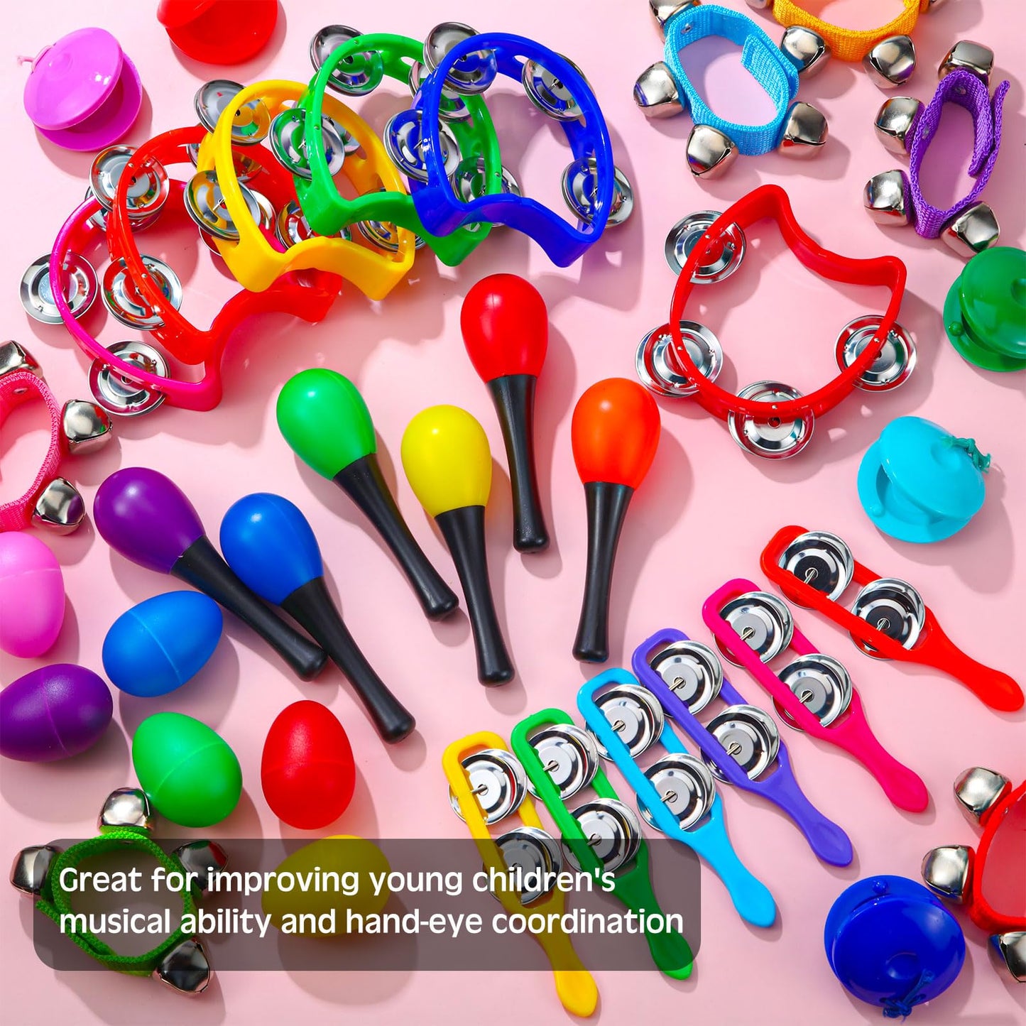 72 Pcs Shaker Musical Instruments for Kids Egg Shaker Wrist Hand Band Bells Maracas Percussion Tambourine Cymbals Plastic Castanets for Preschool Early Music Learning Toy