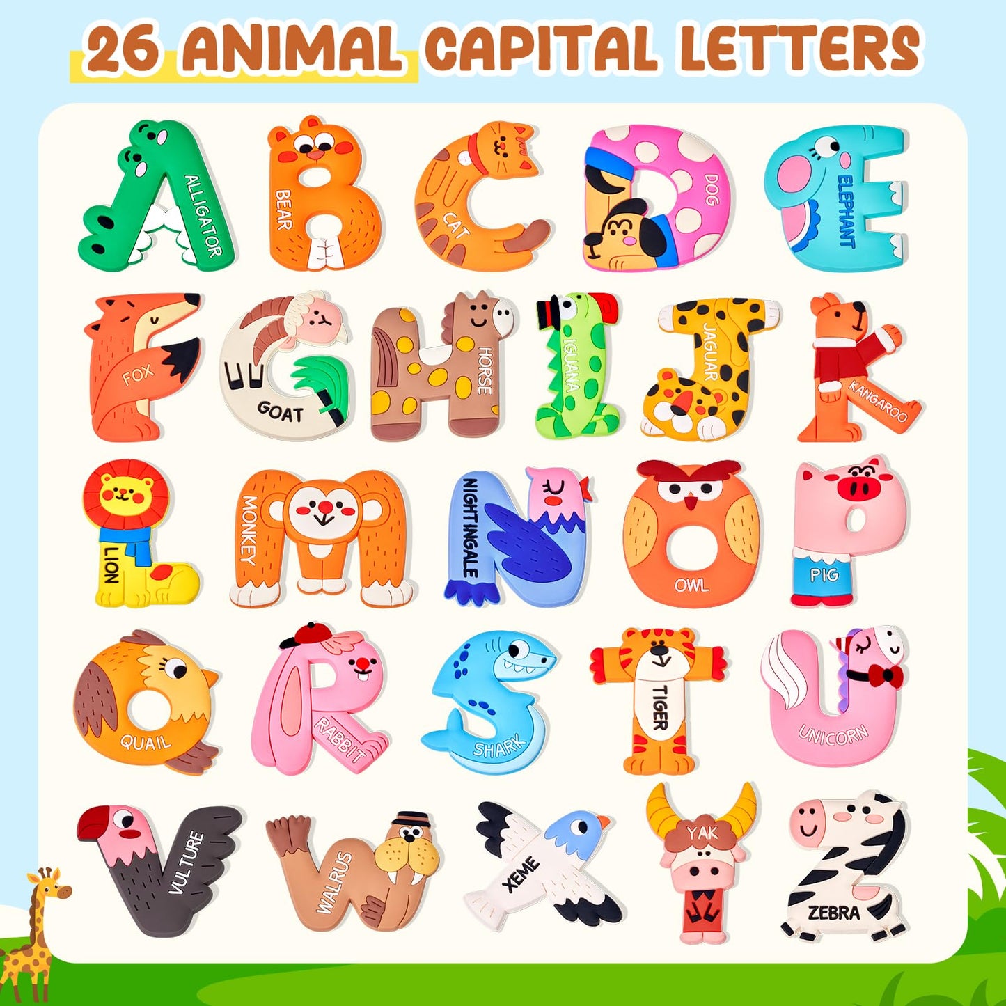 JoyCat Magnetic Letters, Soft PVC Animal Fridge Magnets for Toddlers & Kids, 26 Large Uppercase Alphabet ABC Refrigerator Magnets, Preschool Educational Learning Toys, Cute Baby Gift for Boys & Girls