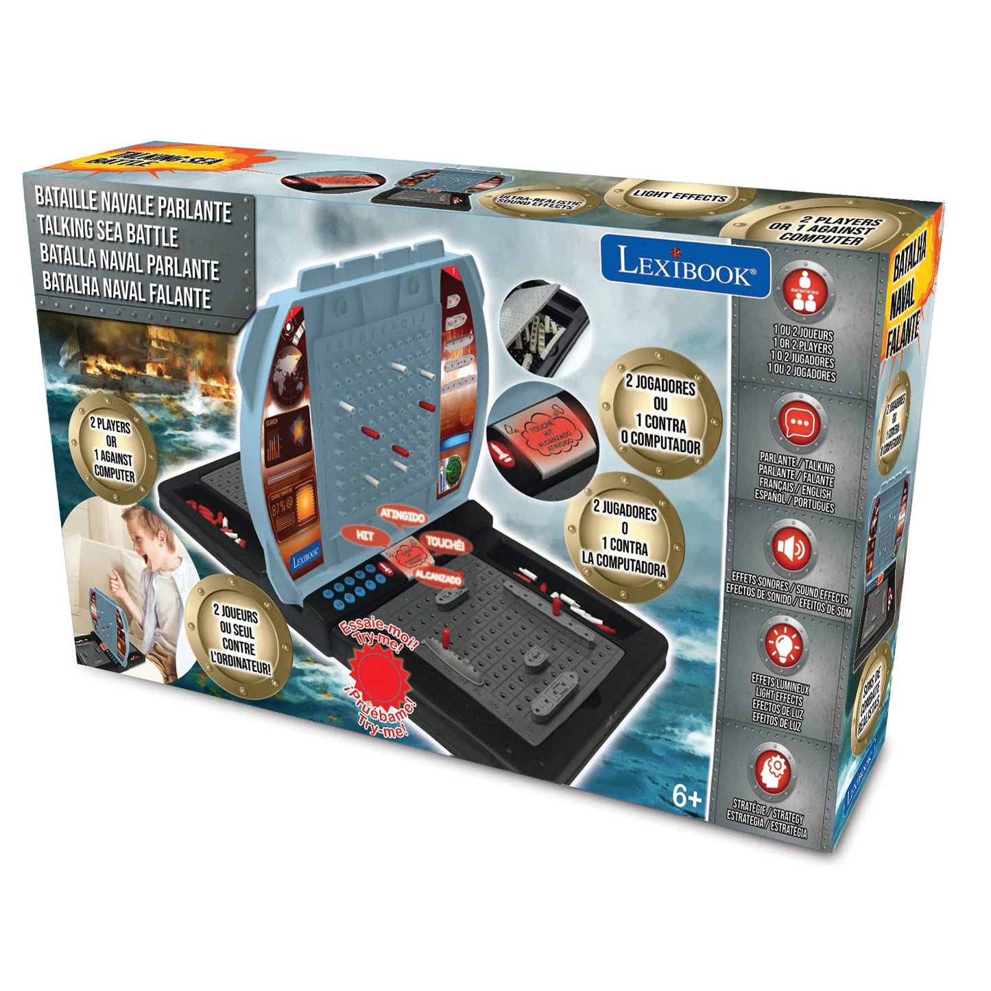 Lexibook Talking Sea Battle (French, English, Spanish, Portuguese), Electronic Board Game 1 or 2 Players, Interactive, Light and Sound Effects, Strategy, Battery Operated, Grey/Black, GT2800US