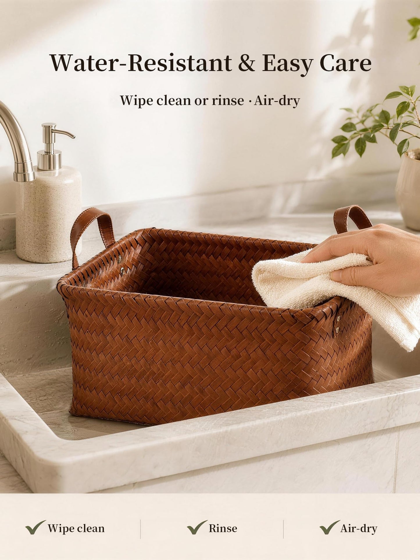 Panovox Hand Woven Baskets for Storage, 4Pcs Water-Resistant Wicker Baskets, Brown Wicker Storage Baskets for Shelves, Large Basket with Handle for Organizing, Clothes, Laundry, Blanket - Rectangular