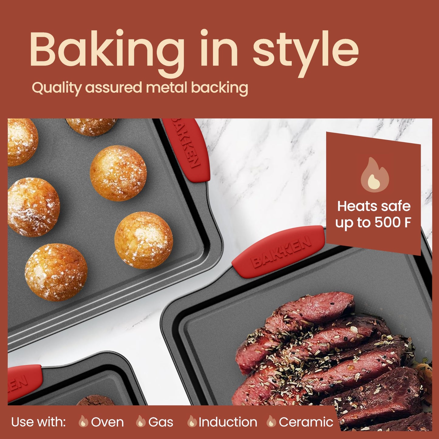 BAKKEN Kitchen Baking Pan Set - Nonstick Coating, Carbon Steel Bakeware Sets with Gray Silicone Handles, Baking Kitchen Essentials, PFOA, PFOS, PTFE Free, Oven Safe Tray (Up To 450° F), Set of 10