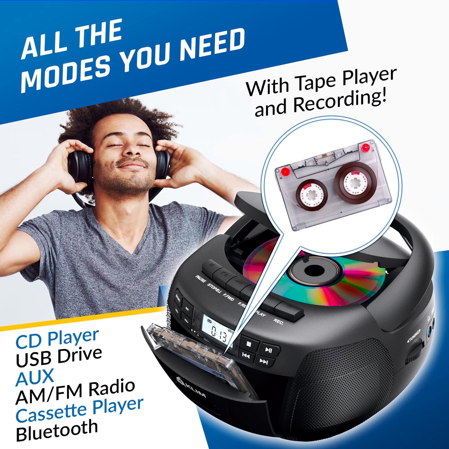 KLIM CD + Cassette Tape Player, Bluetooth CD Boombox, AM/FM Radio, Stereo Sound, Remote, CD and Cassette Player Combo, Tape Recording, USB Drive, AUX