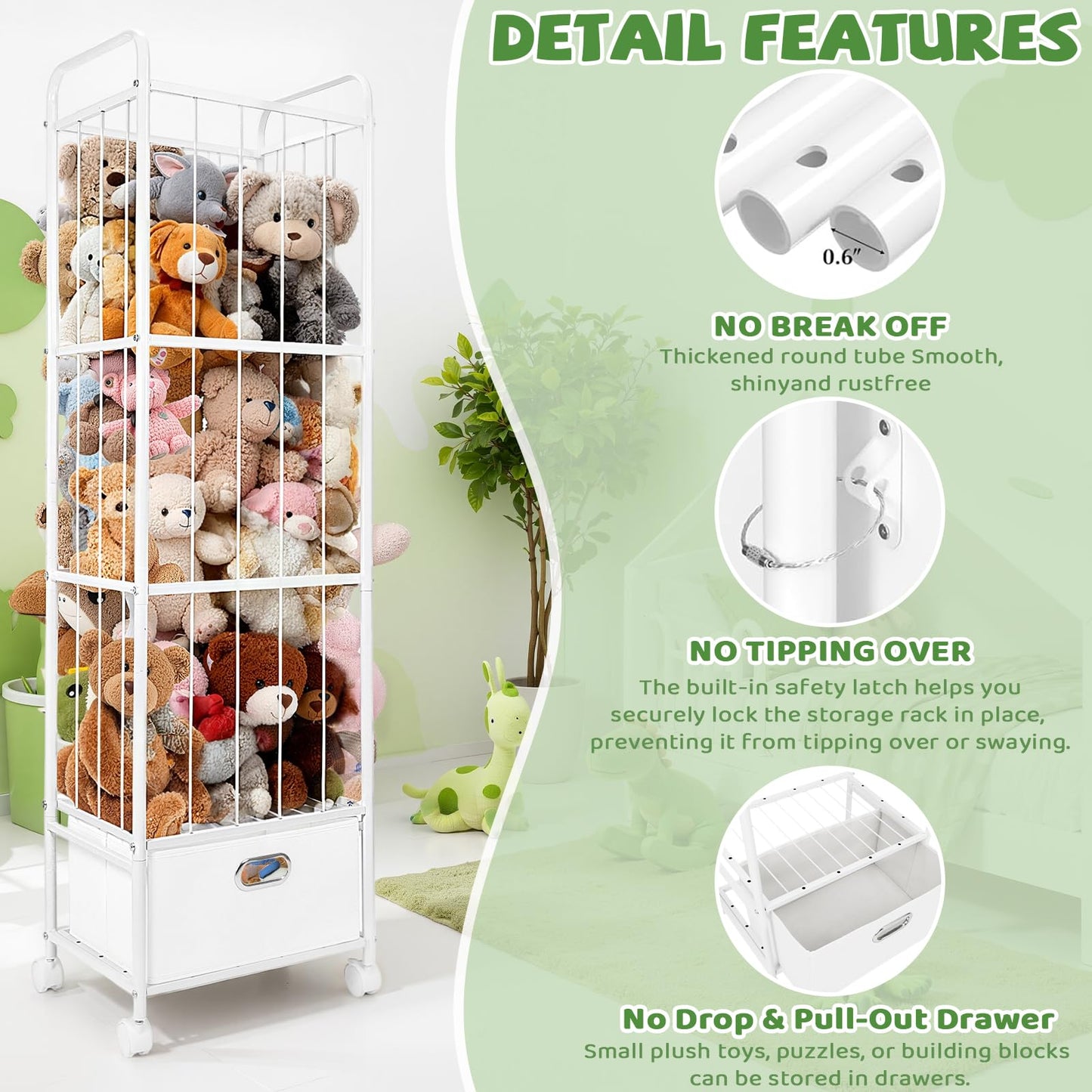 Puppiluv Stuffed Animal Storage, Metal Stuff Animals Zoo Holder with Fabric Drawer and Wheels Tall Vertical Plushies Toy Organizer Plush Storage Cage with Elastic Band for Nursery Playroom Corner