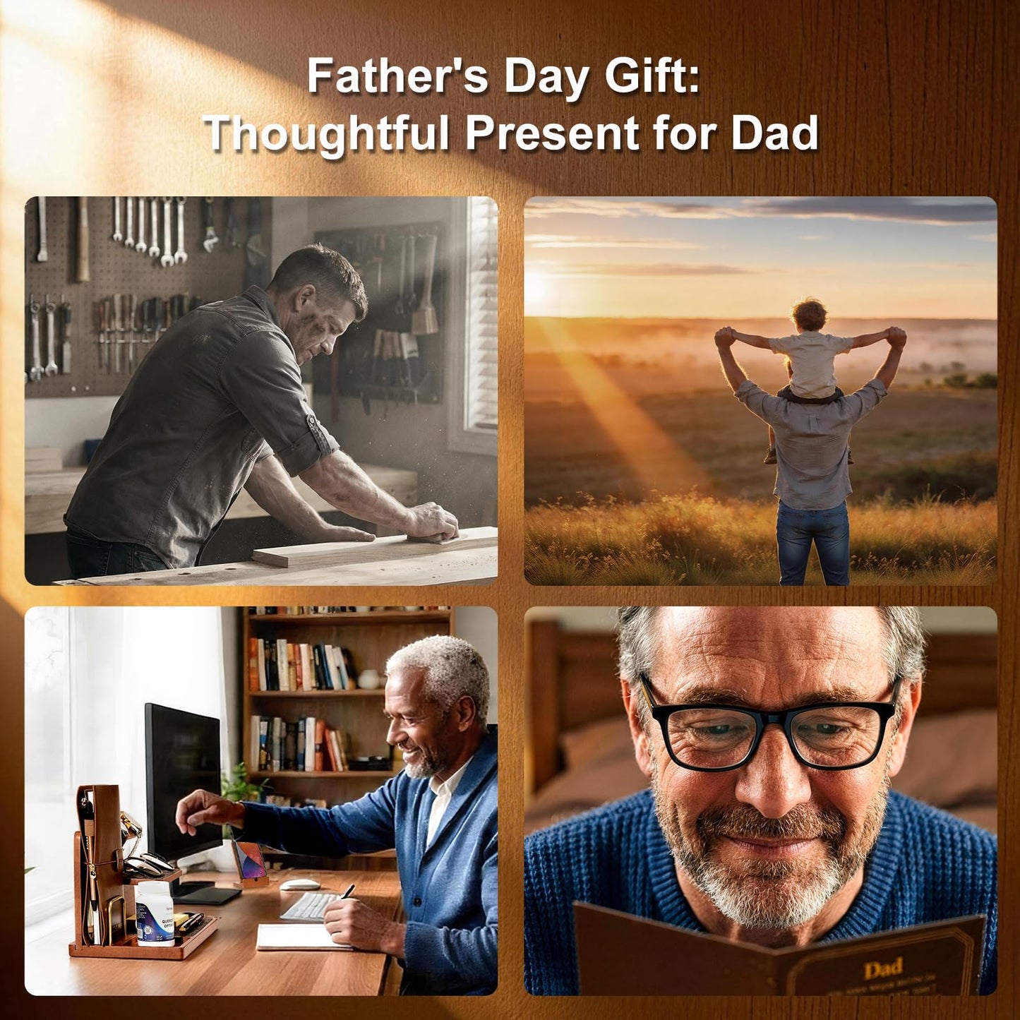 UPERGO Fathers Day Gift for Dad, Wooden Nightstand Organizer Stand, Valet Tray EDC Caddy for Men, Desktop & Tabletop Home Decor – Phone Wallet Keys Watch Holder with Elegant Gift Box
