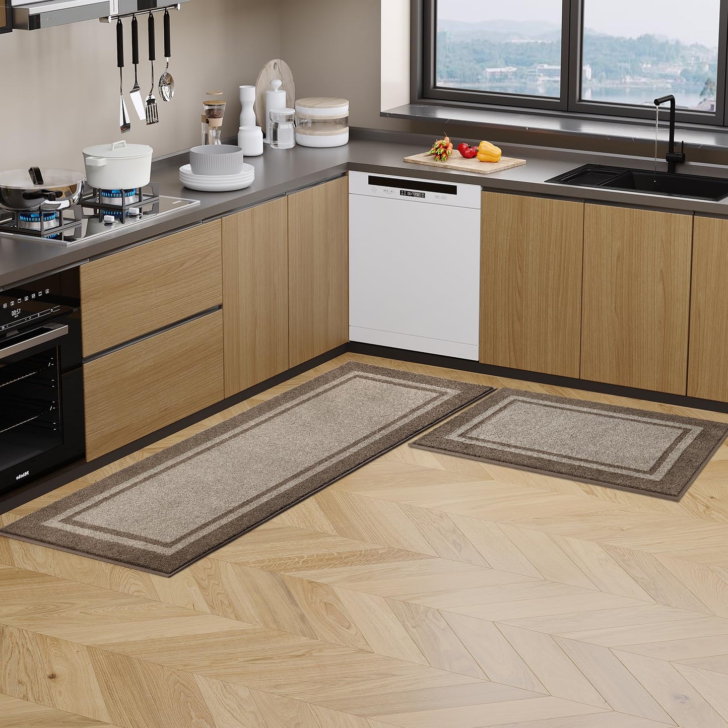 Kitchen Rugs 24" x 84", Non-Slip Machine Washable Kitchen Runner Rugs Floor Mats, Absorbent Comfort Standing Mats for Kitchen, Sink, Laundry and Hallway, Rolled Packaging, Beige & Grayish Brown