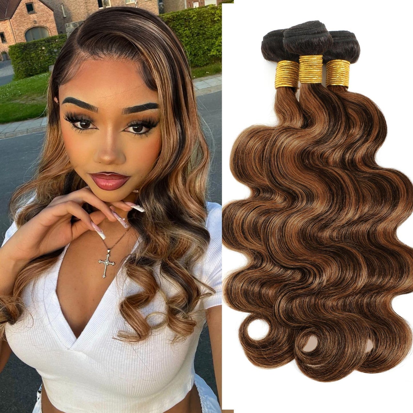 MOMOSHERO 1b/30 Brown Highlight Body Wave Human Hair Weave 3 Bundles, 10A Soft Thick 100% Brazilian Virgin Remy Hair Balayage Ombre Wavy Bundles Human Hair Black and Brown FB30 Ombre Color 12 14 16 In