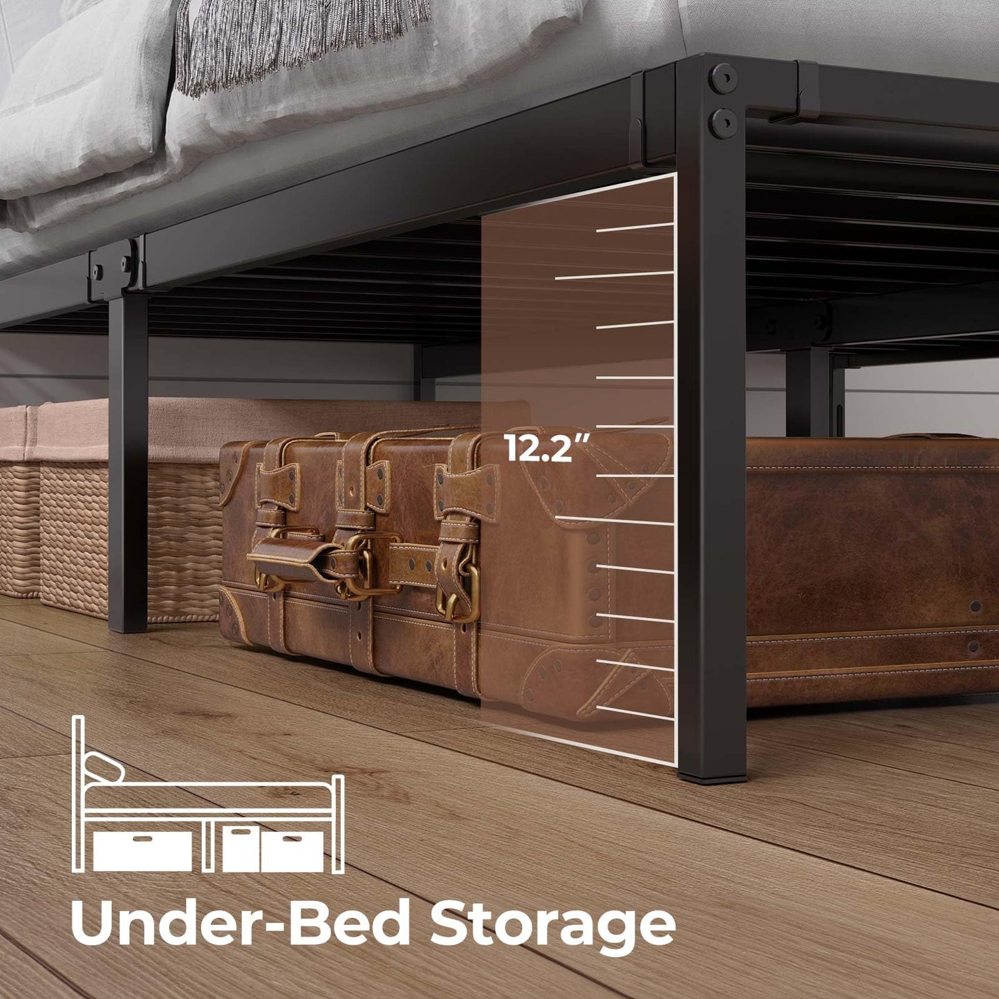 Rolanstar Bed Frame with USB Charging Station, Queen Bed Frame with LED Lights, Platform Bed Frame with Heavy Duty Steel Slats, 14" Storage Space Beneath Bed