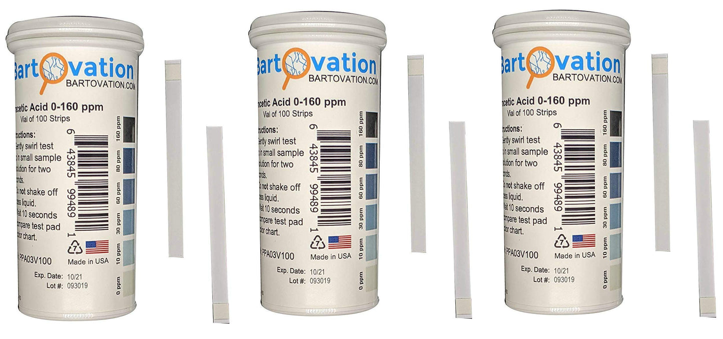 Peracetic Acid Test Strips, 0-160 ppm [3 Vials of 100 Strips, 300 Strips Total]