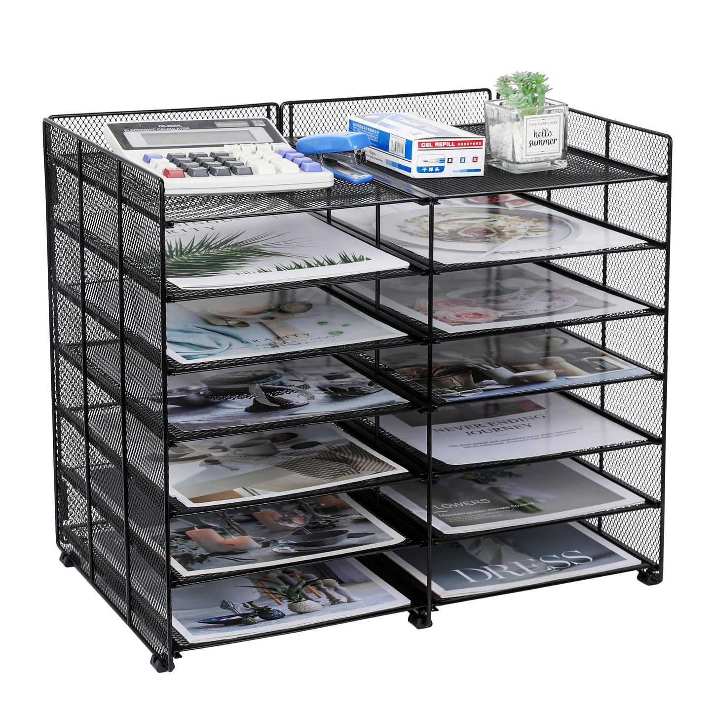 TQVAI 7-Tier Desk Paper Organizer, 12 Slots Mesh Countertop File Mail Organizer, Adjustable Sliding Shelves, Desktop Mailbox Cubbies for Office, Classroom, Black