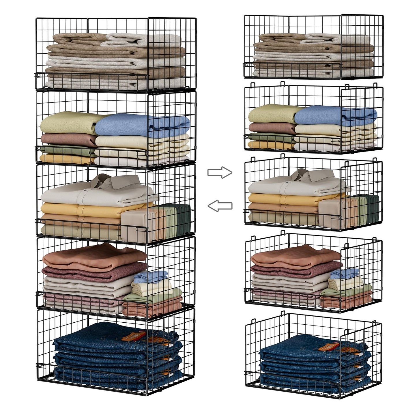 Yociyoga 5-Tier Stackable Closet Organizers and Storage Shelves, Closet Shelf Organizer Basket Bins, Foldable Sweater Storage for Closet Organizer System, Black(Patent 30022416)