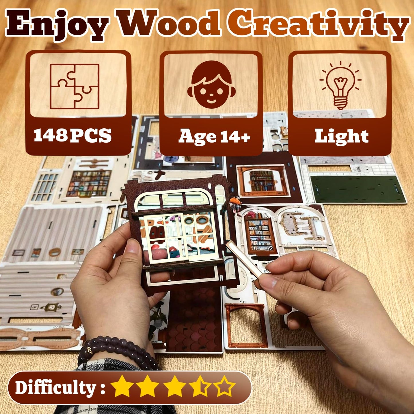 3D Wooden Puzzles for Adults, DIY Wooden Tiny House Building Set Crafts for Adults, Bookstore(148 Pcs)