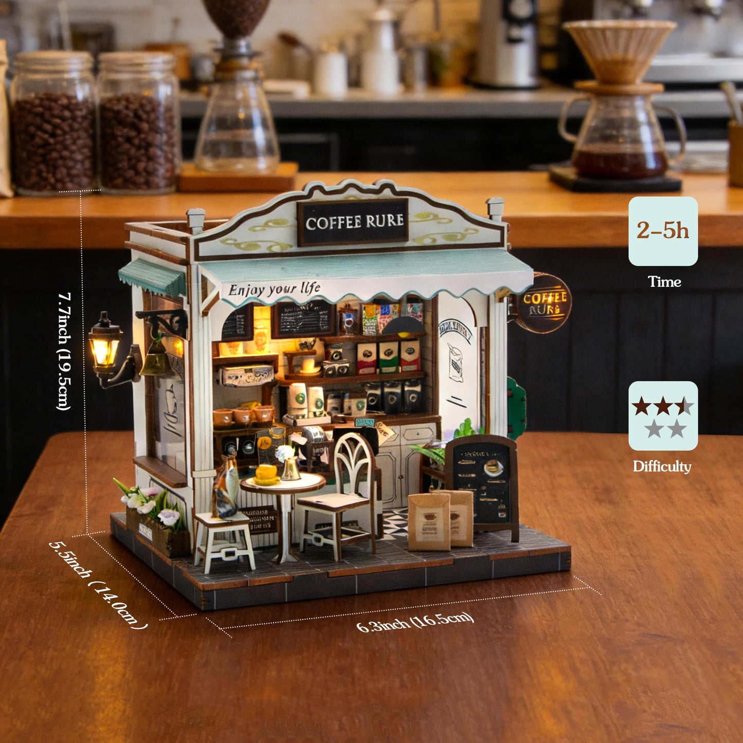 Soothee DIY Miniature Coffee Shop Kit, 3D Wooden Puzzle for Adults and Teens, Book Nook Bookshelf Decor with LED Light, 14+ Years