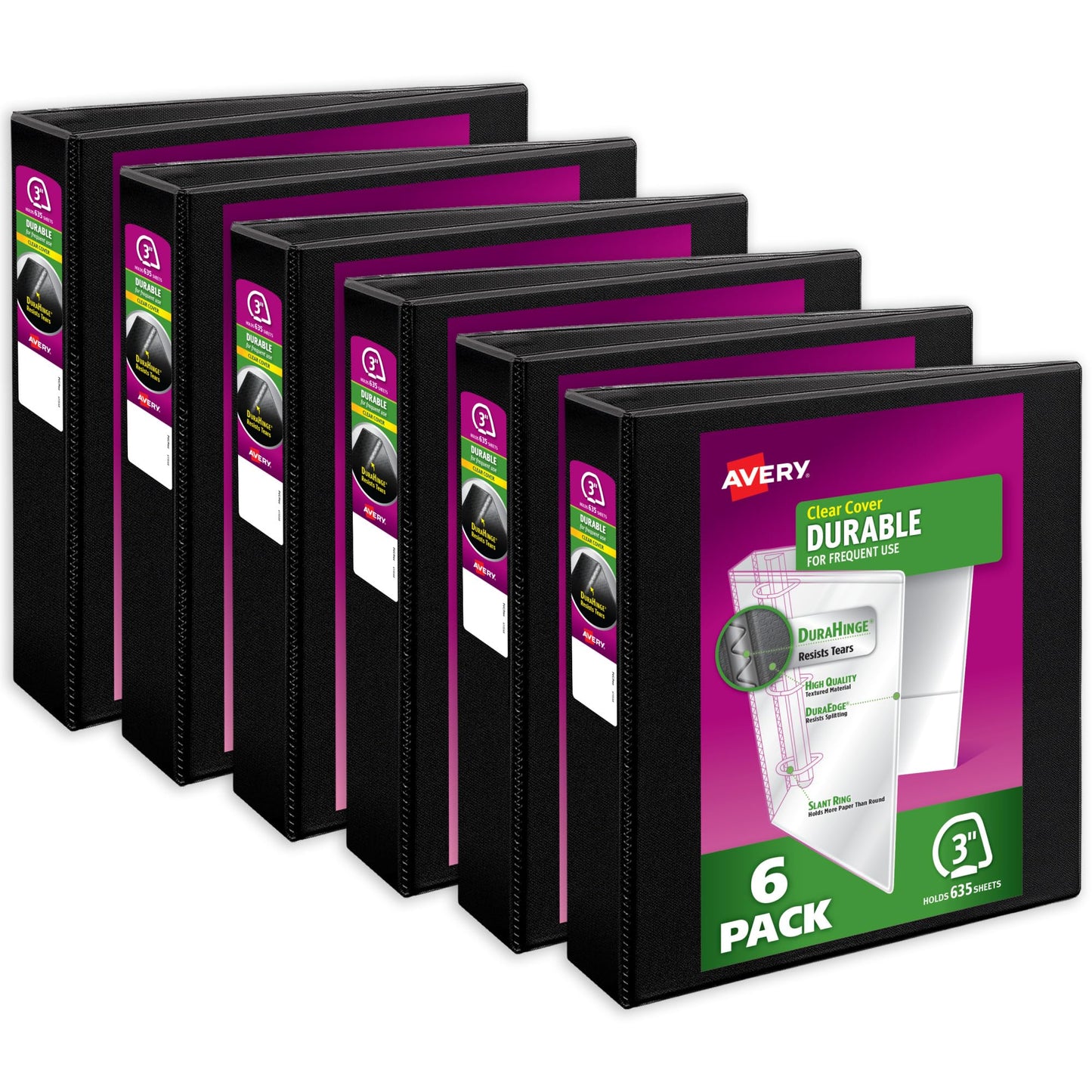 Avery Durable View Binders, 3 Inch One Touch Slant Rings, Black, Holds 8-1/2" x 11" Paper, 635 Sheet Capacity, 3.5" Wide Spine, Great for Organizing Reports & Projects (6-Pack of 17041)