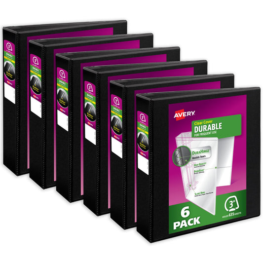 Avery Durable View Binders, 3 Inch One Touch Slant Rings, Black, Holds 8-1/2" x 11" Paper, 635 Sheet Capacity, 3.5" Wide Spine, Great for Organizing Reports & Projects (6-Pack of 17041)