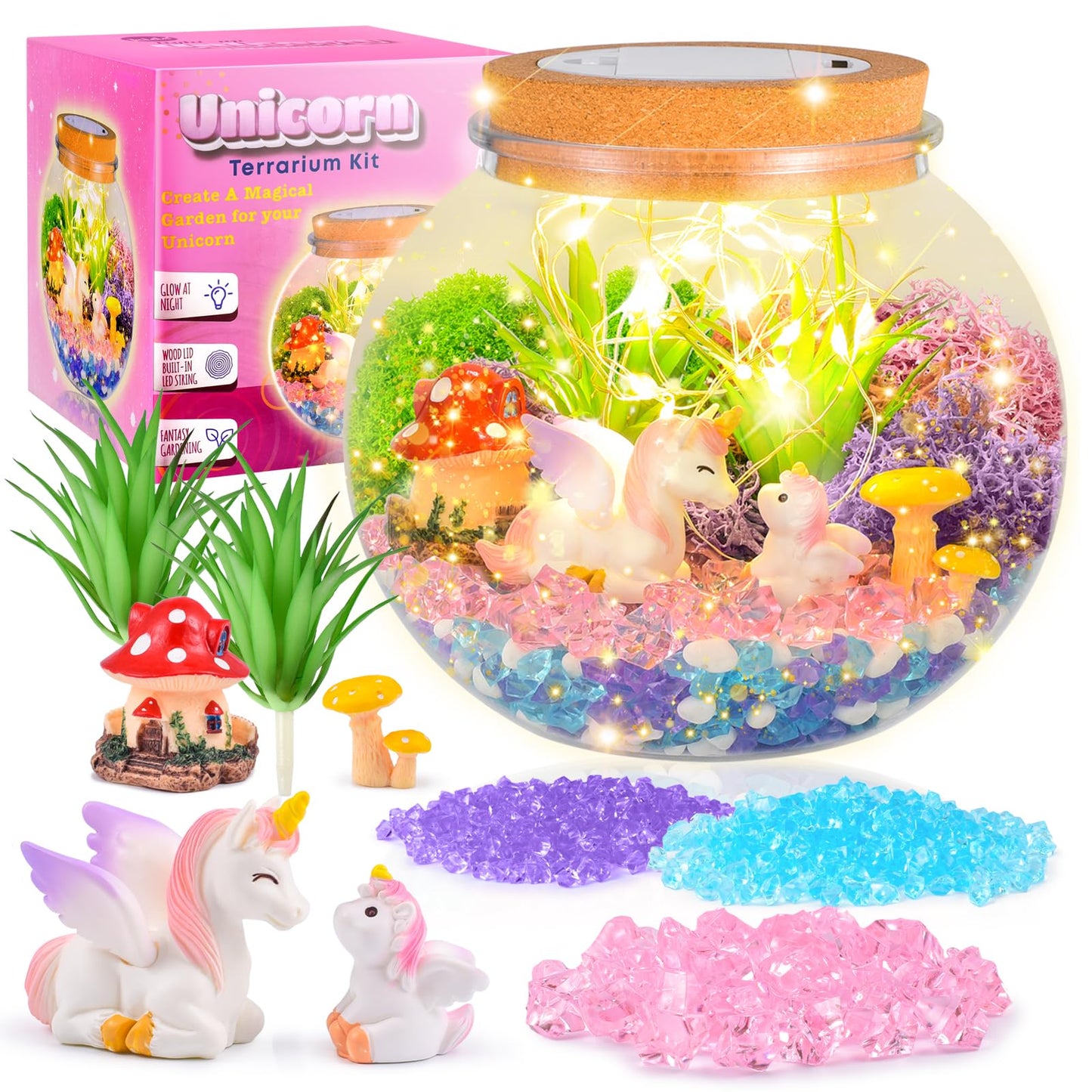 KASU Unicorn Gifts for Girls - DIY Light Up Terrarium Kit - Kids Craft Toy - Birthday Gift for 5-12 Year Old Girls