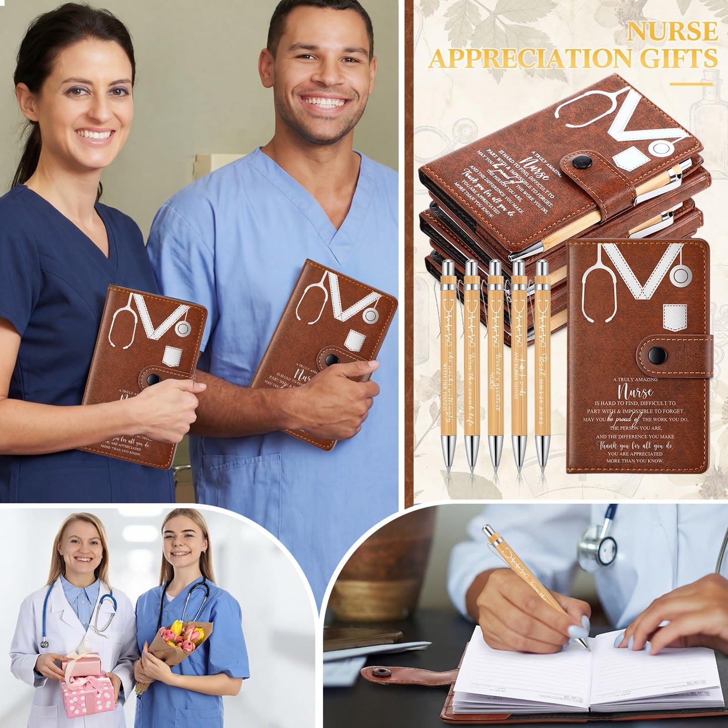 Spiareal 20 Sets Cna Week Gift for Nursing Graduation, Pinning Ceremony Gifts, 3.74 x 6.1 Inches Inspirational Hardcover Notebook with Bamboo Pen for Nurse RN LPN CNA (Brown)
