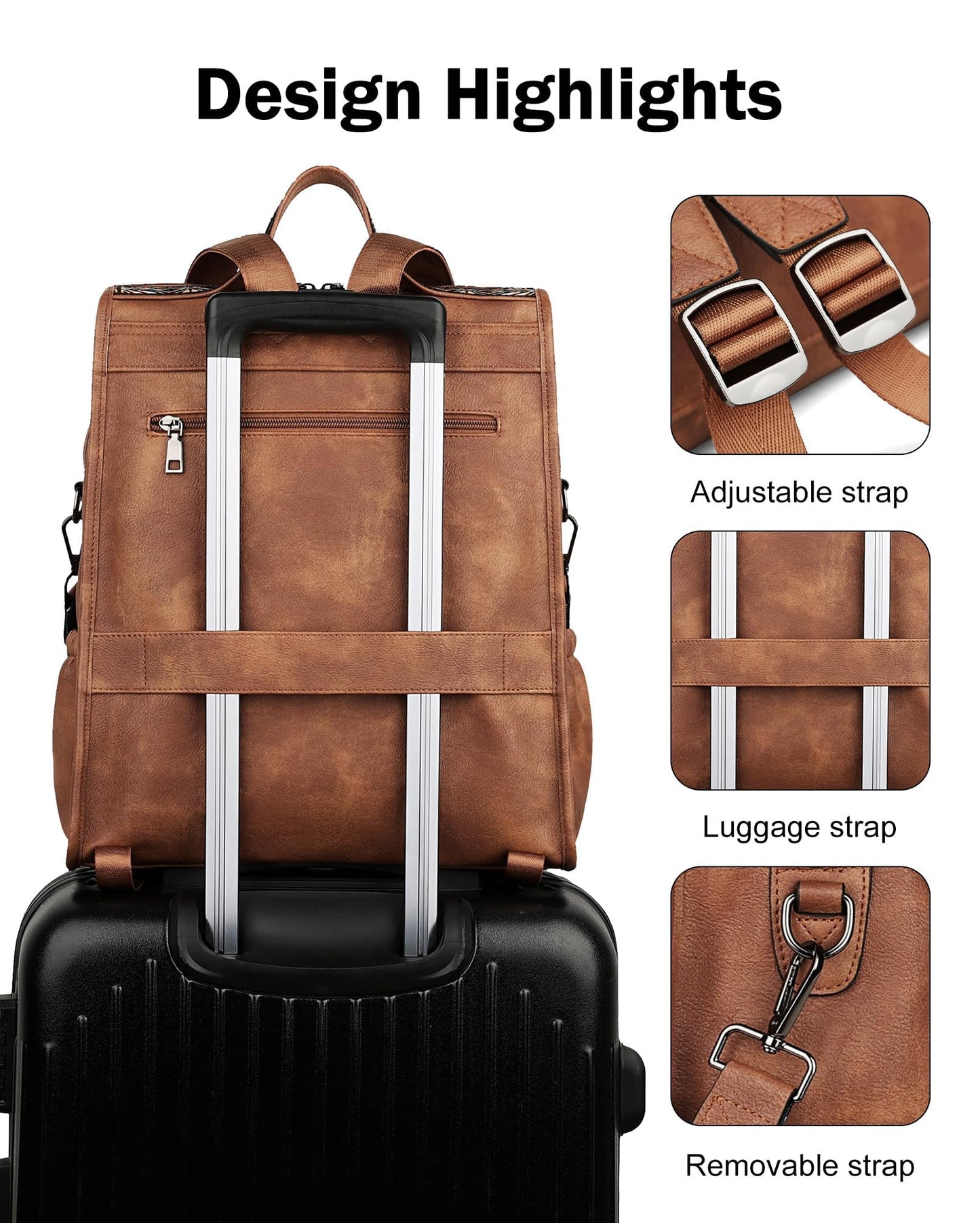 FADEON Leather Laptop Backpack for Women, Designer Ladies Work Travel Computer Backpack with Laptop Compartment Purse Brown