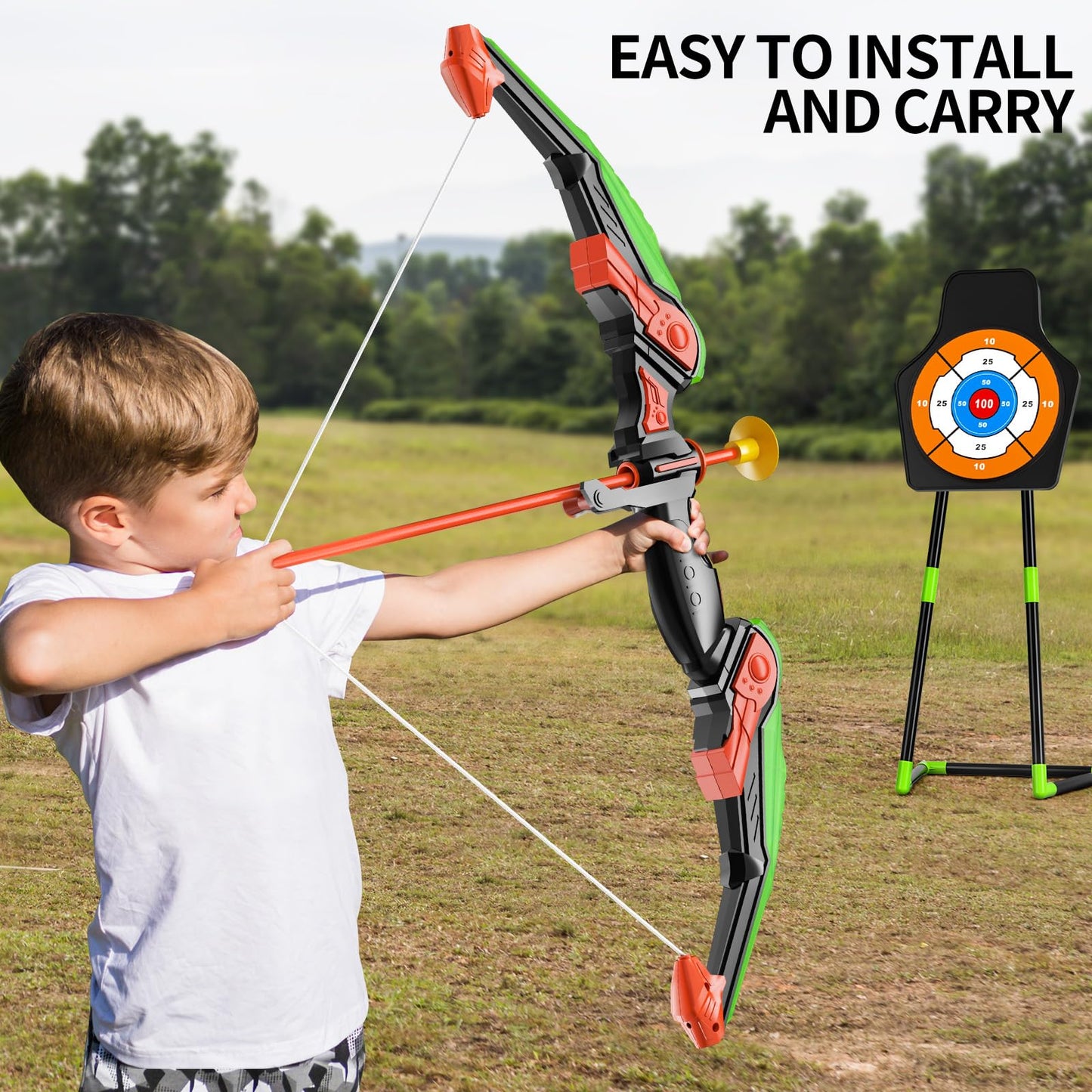TEMI Bow and Arrow Set for Kids with LED Lights-Archery Set with 10 Suction Cup Arrows, Quivers & Standing Target, Outdoor Toys for Kids Boys & Girls Ages 3-12 Years Old