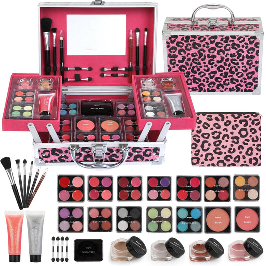 Anpro All-In-One Leopord Double Folding Makeup Carry Case with Pro Teen Makeup Set, Full Starter Kit with Makeup Brushes, Lipsticks, Eyeshadow Palette, Blushes, Glitter Gel, Ideal Present for Girls