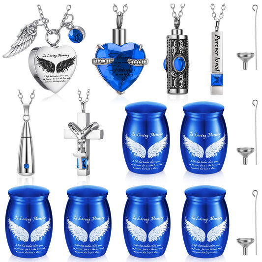Ecation 12 Set Small Urn Cremation Jewelry Necklaces for Ashes Stainless Steel Keepsake Urns Memorial Locket Mini Ash Holders Waterproof for Human Adult Female Male Family Loved One(Blue)