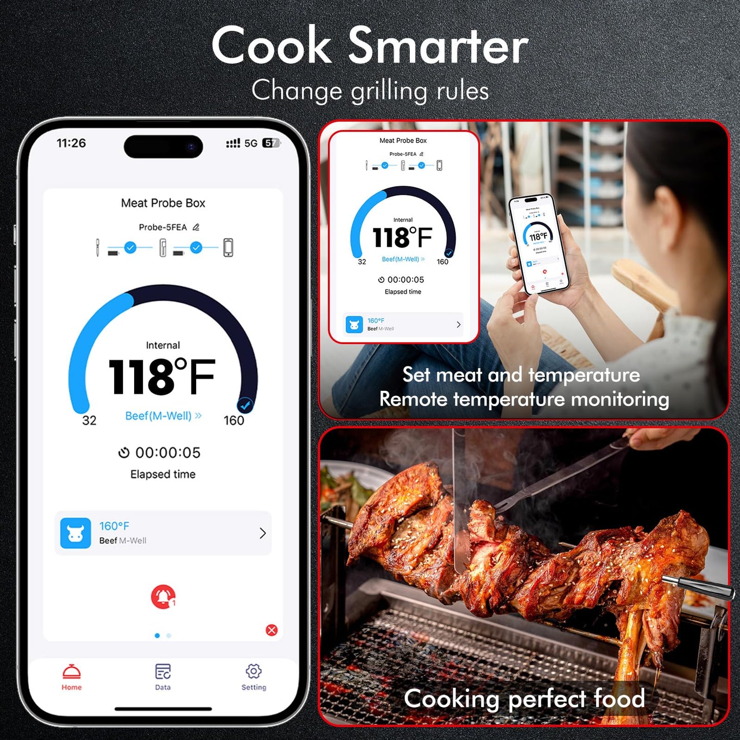 CaloriMastery Wireless Smart Bluetooth Meat Thermometer Digital for BBQ, Grill, Oven, Smoker, 500ft Range Cooking Thermometer with Ultra-Thin Wireless Meat Probe, Perfect for Steak, Chicken, Turkey