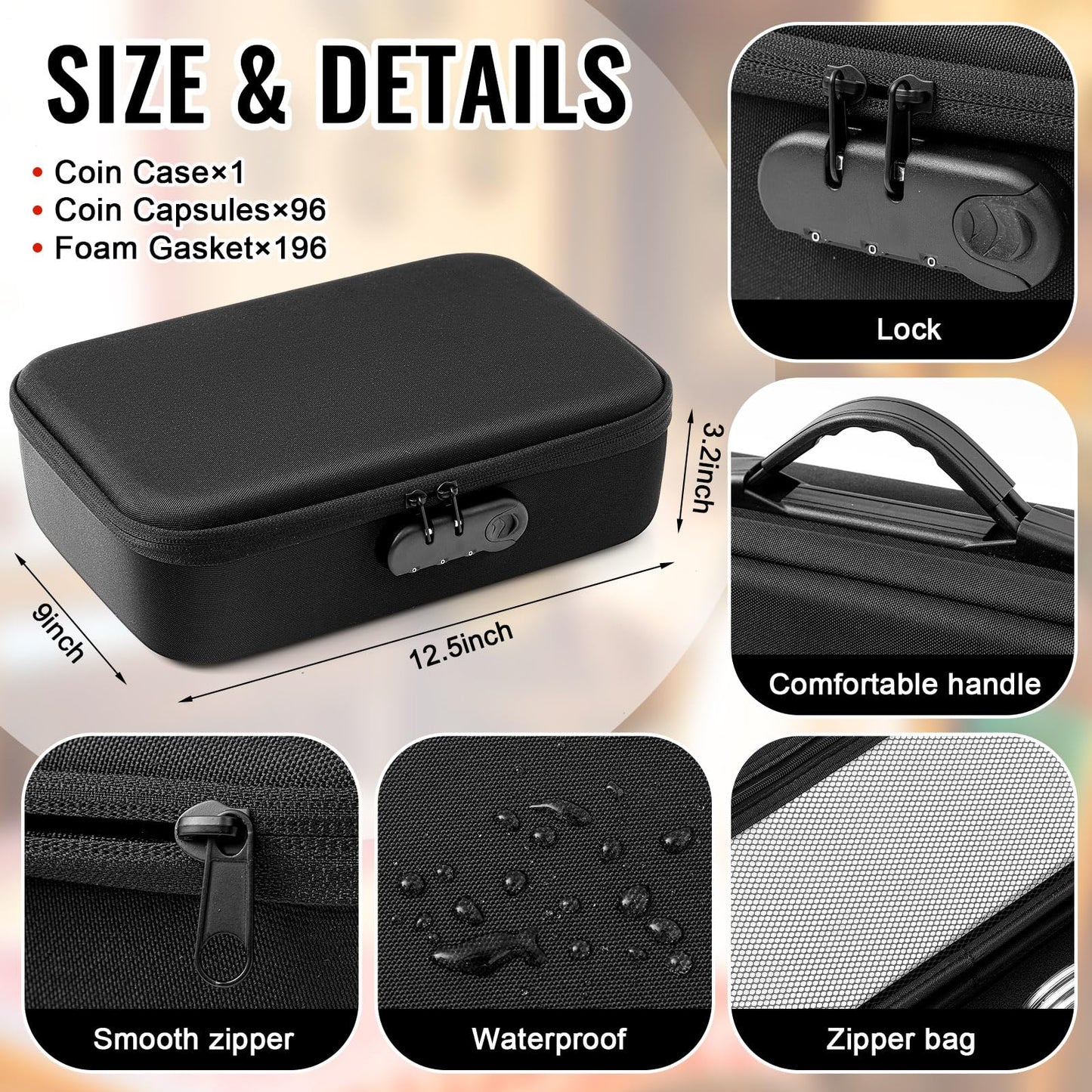 Affrolling Fireproof and Waterproof Coin Storage Box 96 Pcs 46 mm Coin Holder for Collectors Capsule Case with Lock with 196 Pcs 10 Size Gaskets for Dime Cent Nickel Quarter Silver Dollar(Black)