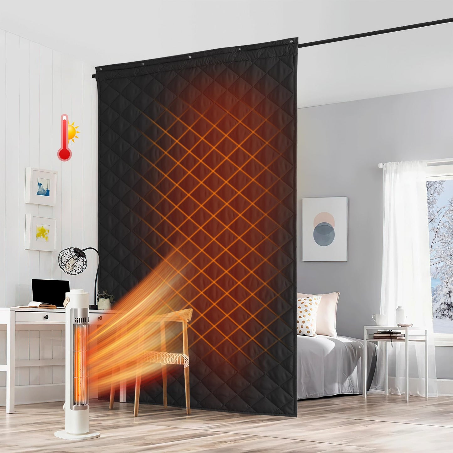 RYB HOME Large Thermal Insulated Curtain for Winter, Black Curtain Window Insulation Soundproof Room Divider for Workshop Basement Laundry Acoustic Covering Drafty Door, W48 x L96 inch, 1 Panel