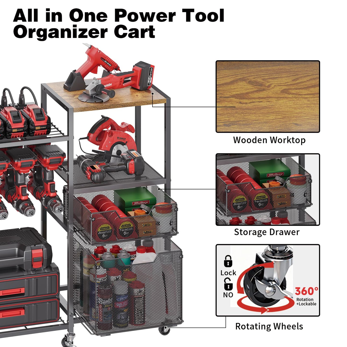 Large Power Tool Organizer Cart with Charging Station, 8 Slots for Cordless Drill Holder with Drawers, Rolling Storage Cart with 8 Power Outlet Heavy Duty Garage Organizer with Wheels for Men