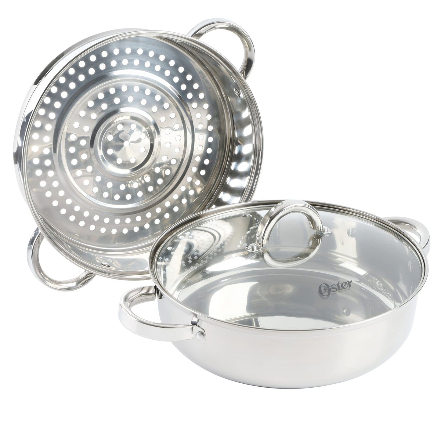 Oster Sangerfield 11-Inch Stainless Steel Everyday Cookware Pan with Steamer and Lid – Durable Nonstick Frying Skillet for Kitchen Cooking